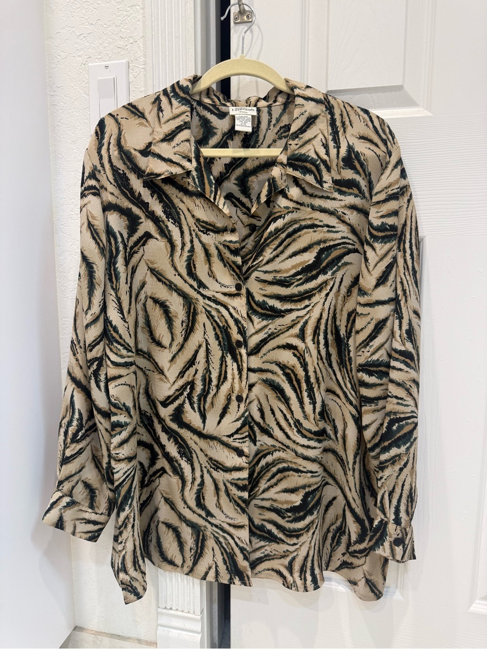 Woven Button-Down Shirt in Beige and Black Abstract Animal Print